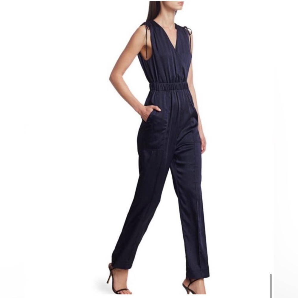 NWT JONATHAN SIMKHAI Nora V-Neck Sleeveless Silky Jumpsuit Navy Blue, Size 4
